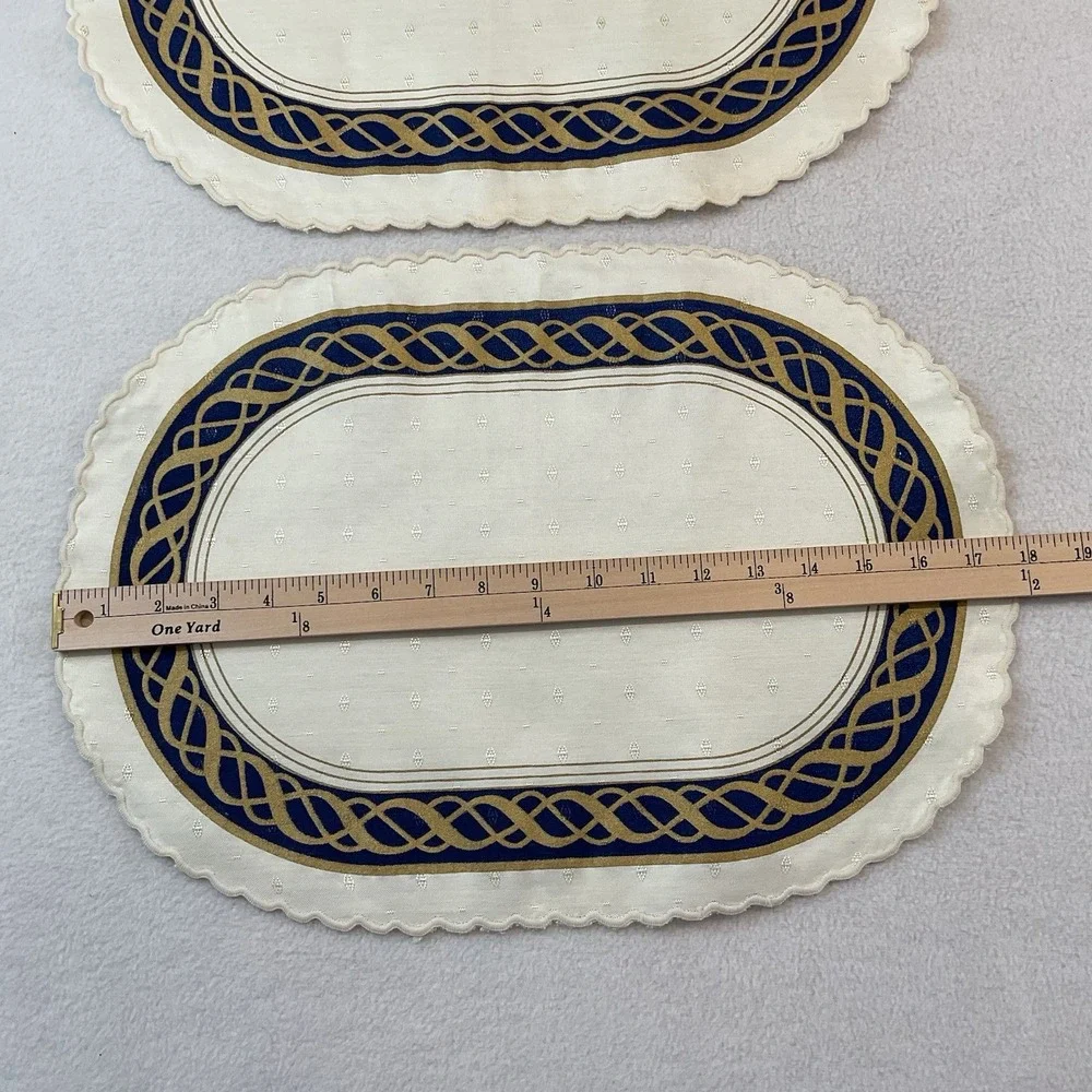 Lenox Hamilton Oval Placemats Cloth Set Of 2 Ivory Gold Navy Blue Vintage Lot #6